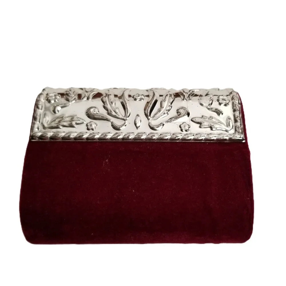 Vintage Double Lipstick Case Silver Plated Velvet Mirror Floral Scrollwork